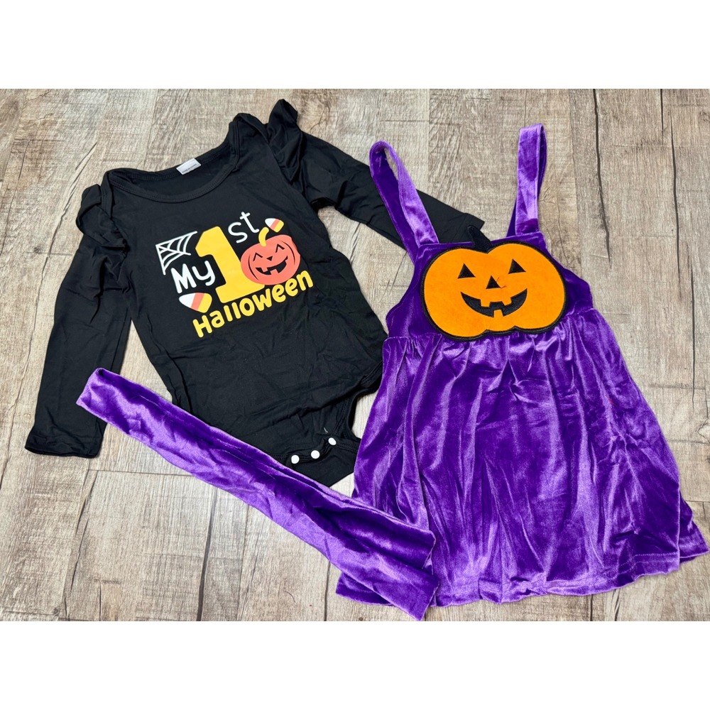Baby Girls My 1st Halloween Costume Set 12-18M Purple Velvet Pumpkin Jumper 3pc